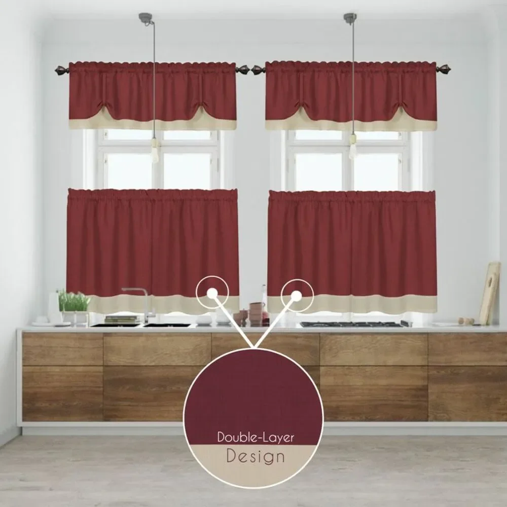 Woven Trends Two-Tone Window Curtain Tier Pair & Valance Set, Double Layer Small